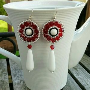 Black Red White earrings, silver hooks